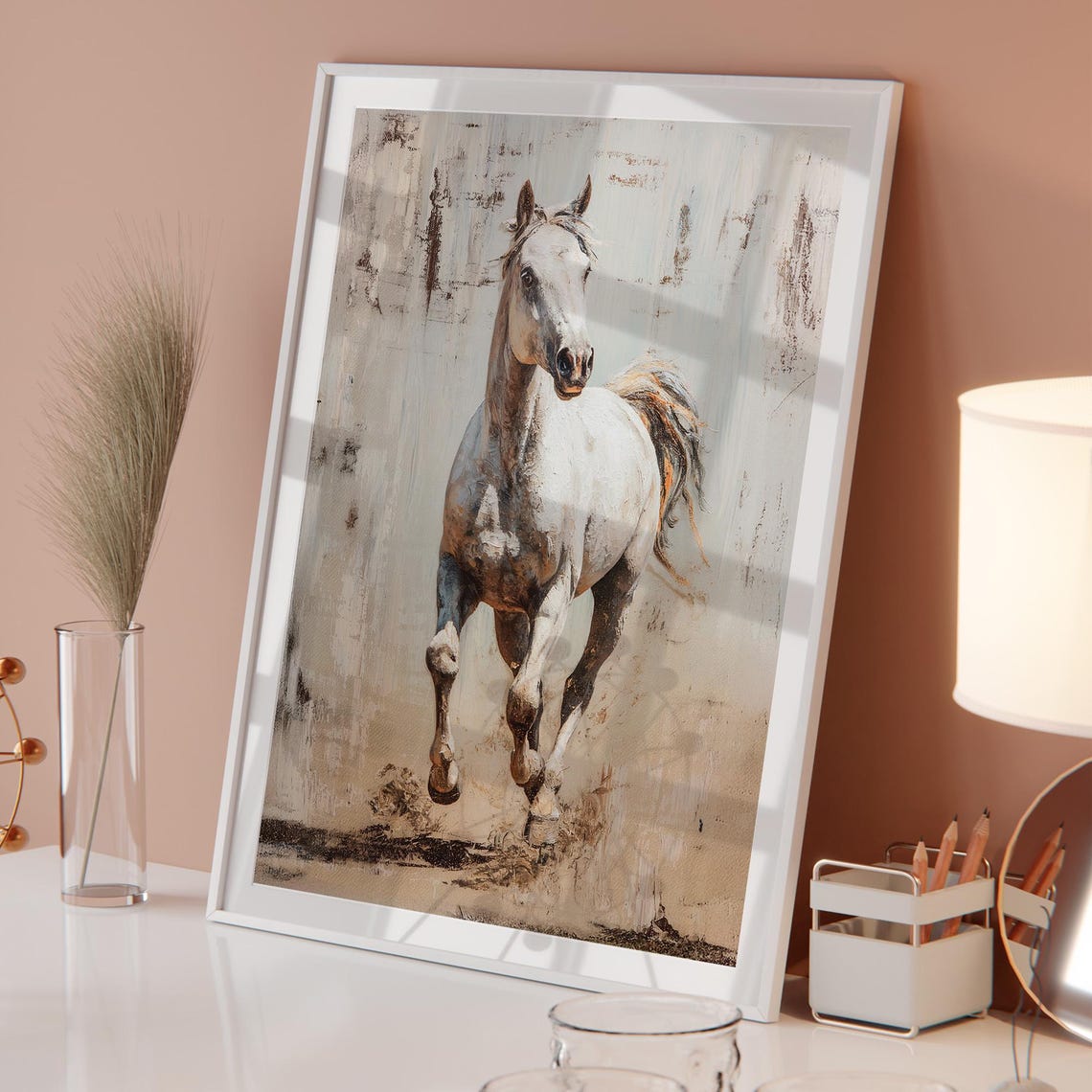 Rustic White Horse Trotting Poster on Gray Vintage Equestrian Art - Image 4
