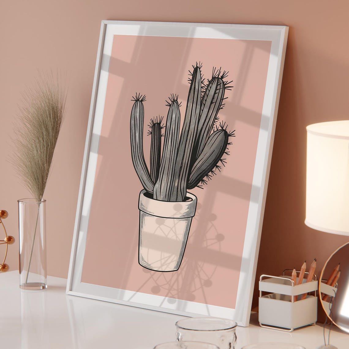 Monochrome Potted Cactus On Soft Blush Pink Background Poster - Image 4