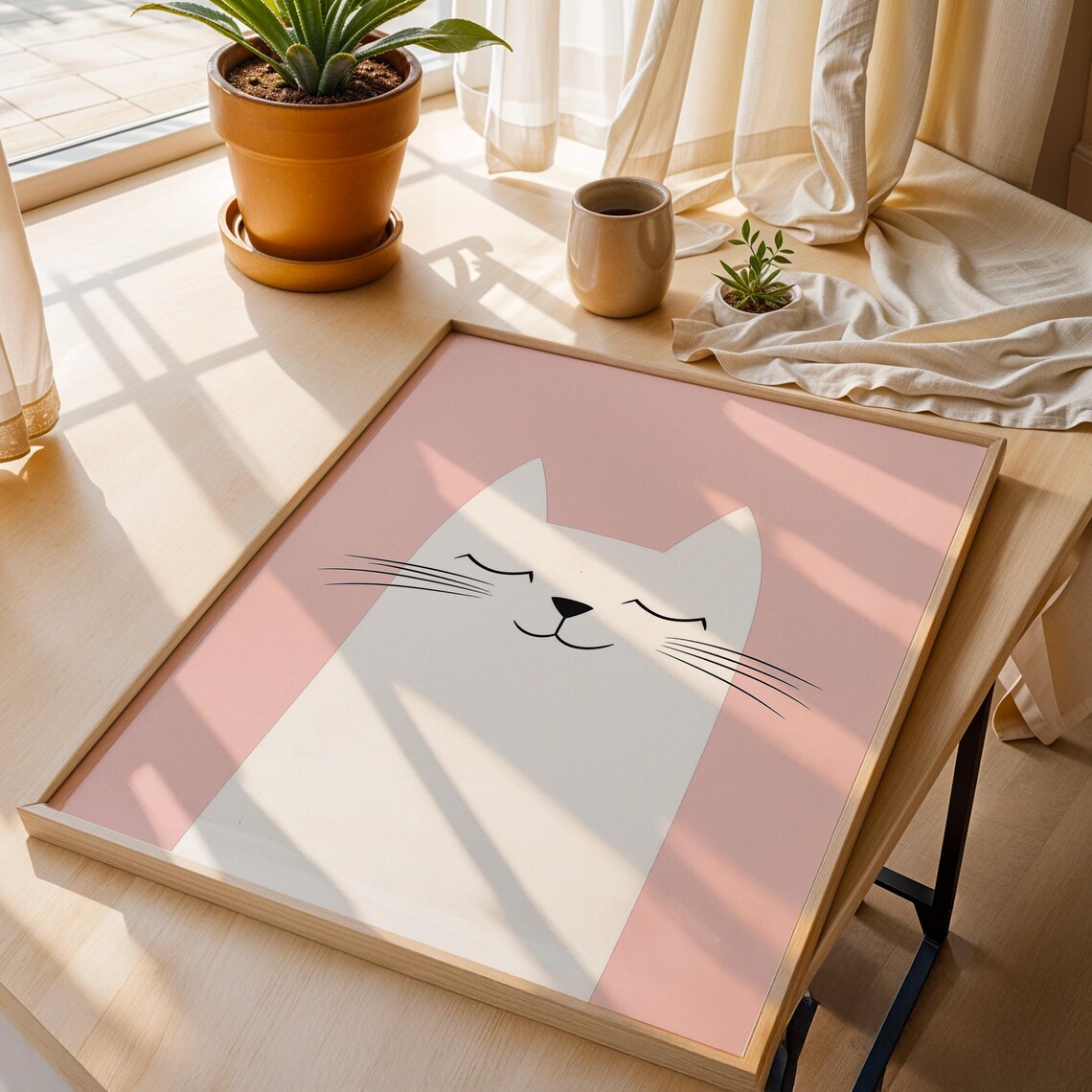 Minimalist White Cat Face On Blush Pink Kids Art Toddler Room Decor Poster - Image 4