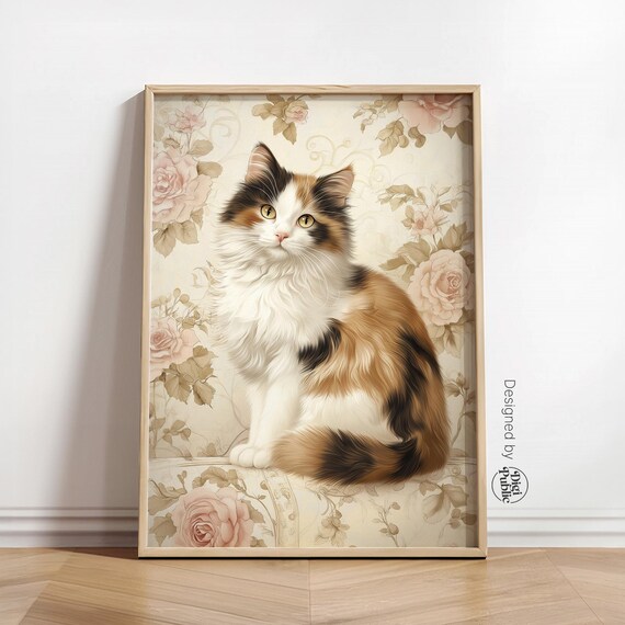 Vintage Calico Cat Portrait Roses Floral Elegant Home Nursery Wall Art
