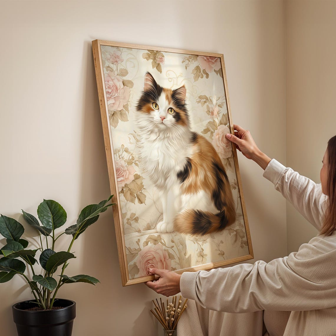Vintage Calico Cat Portrait Roses Floral Elegant Home Nursery Wall Art - Image 3
