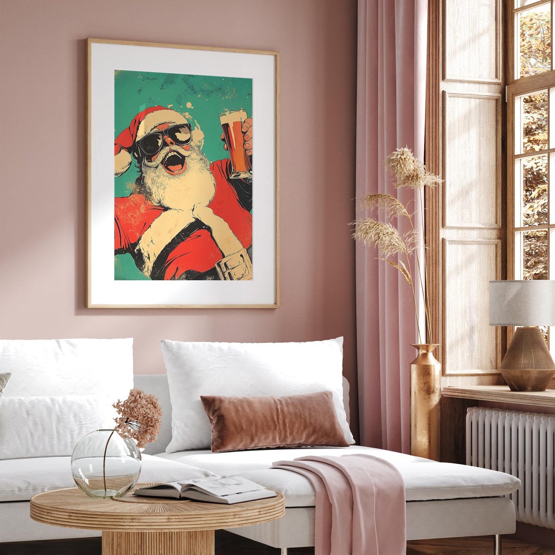 Retro Santa Claus Raising Beer Glass Sunglasses Laughing Xmas Poster - Image 3