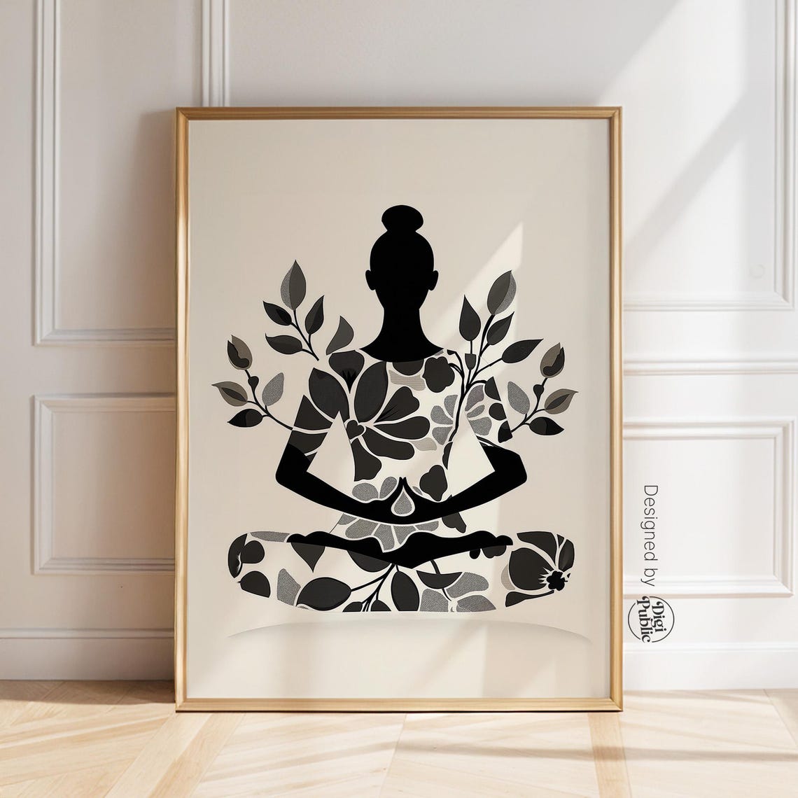 Black Yoga Silhouette Floral Poster Monochrome Zen Meditation Art