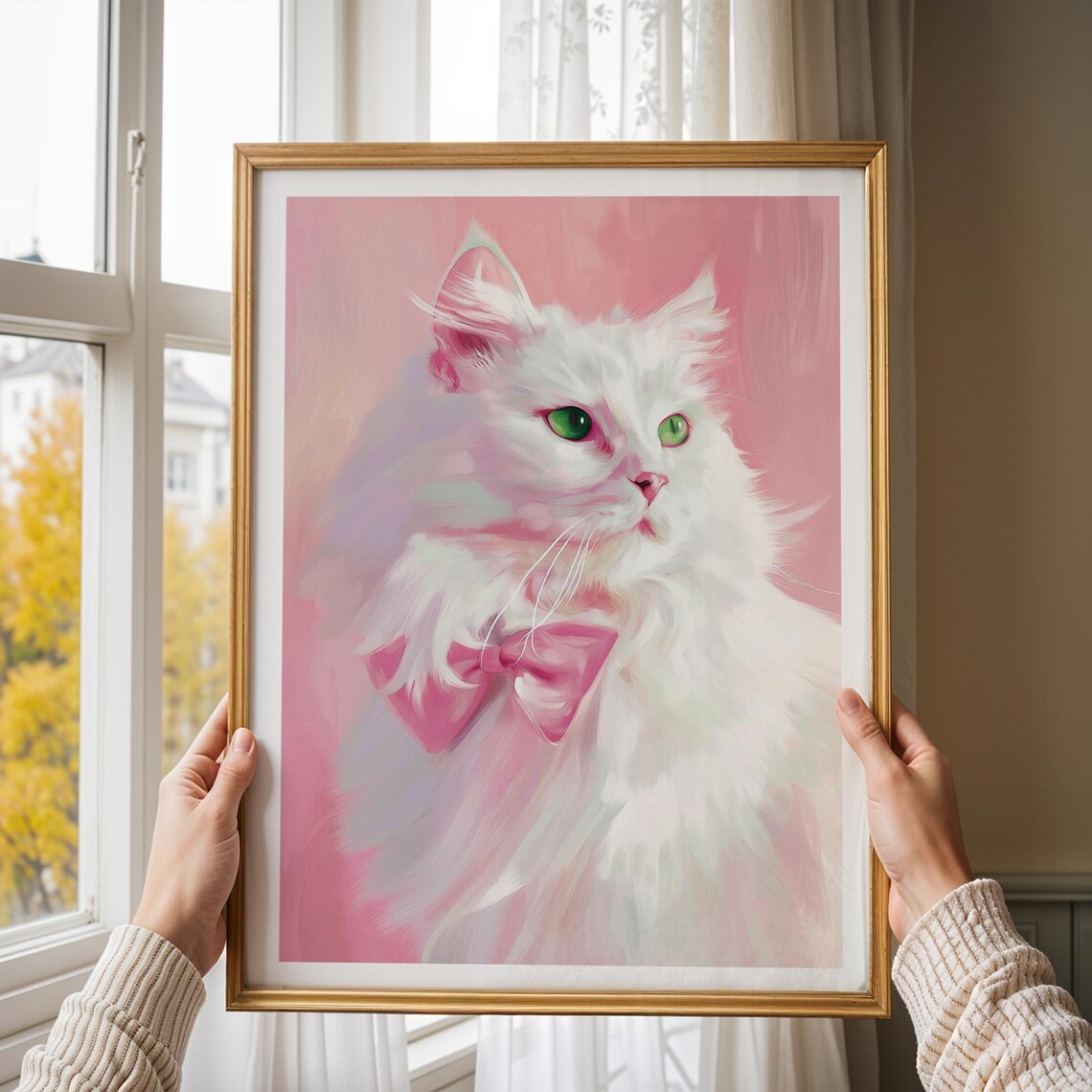 Elegant White Cat With Pink Bow Romantic Portrait Bedroom Wall Decor Poster - Image 3