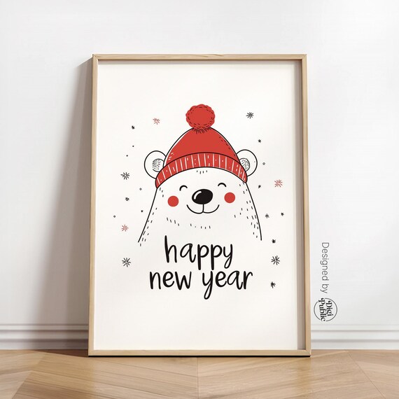 Smiling Polar Bear Happy New Year Minimalist Art New Year Party Decor Poster