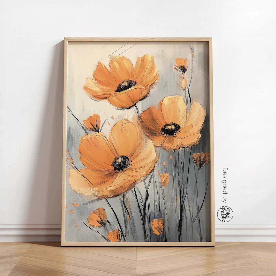 Vibrant Orange Poppy Flowers Poster on Gray Modern Floral Decor