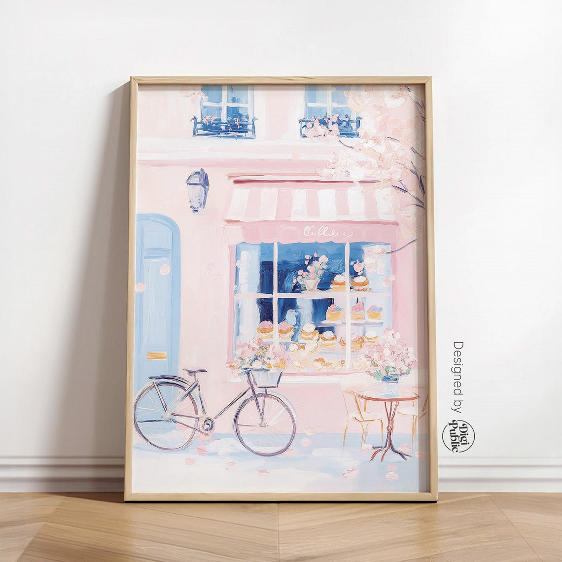 Pink Parisian Cafe Storefront Poster with Bicycle Romantic Decor