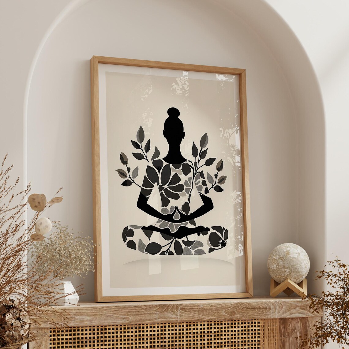 Black Yoga Silhouette Floral Poster Monochrome Zen Meditation Art - Image 5