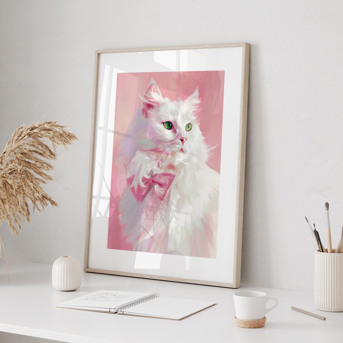 Elegant White Cat With Pink Bow Romantic Portrait Bedroom Wall Decor Poster - Image 2