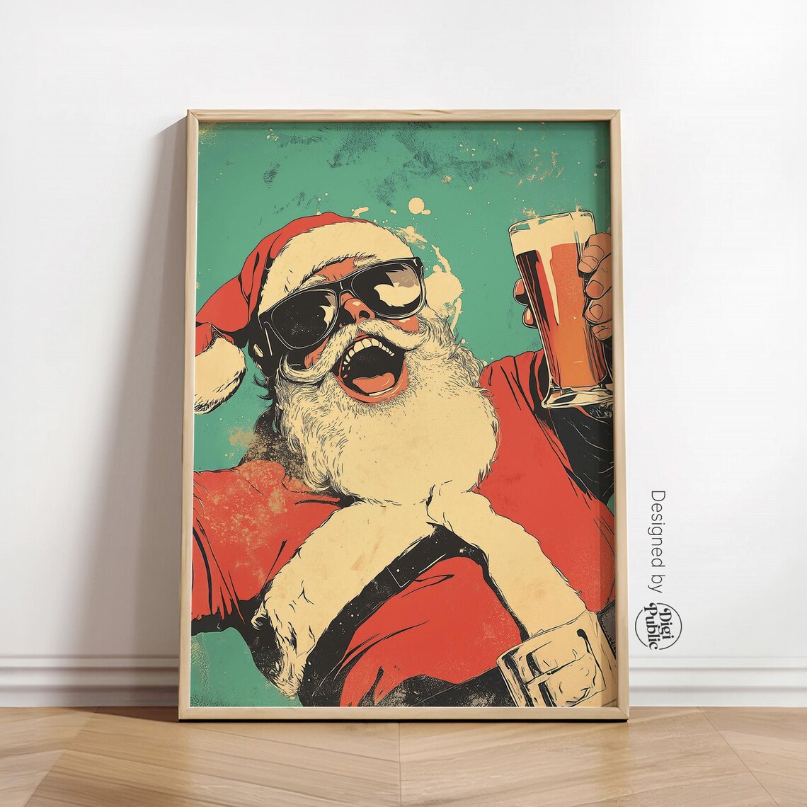 Retro Santa Claus Raising Beer Glass Sunglasses Laughing Xmas Poster