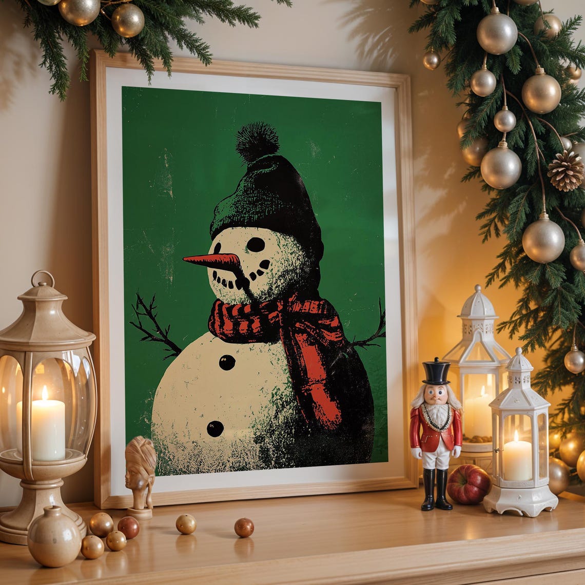 Retro Snowman Knit Hat Red Scarf Green Halftone Christmas Wall Art - Image 5