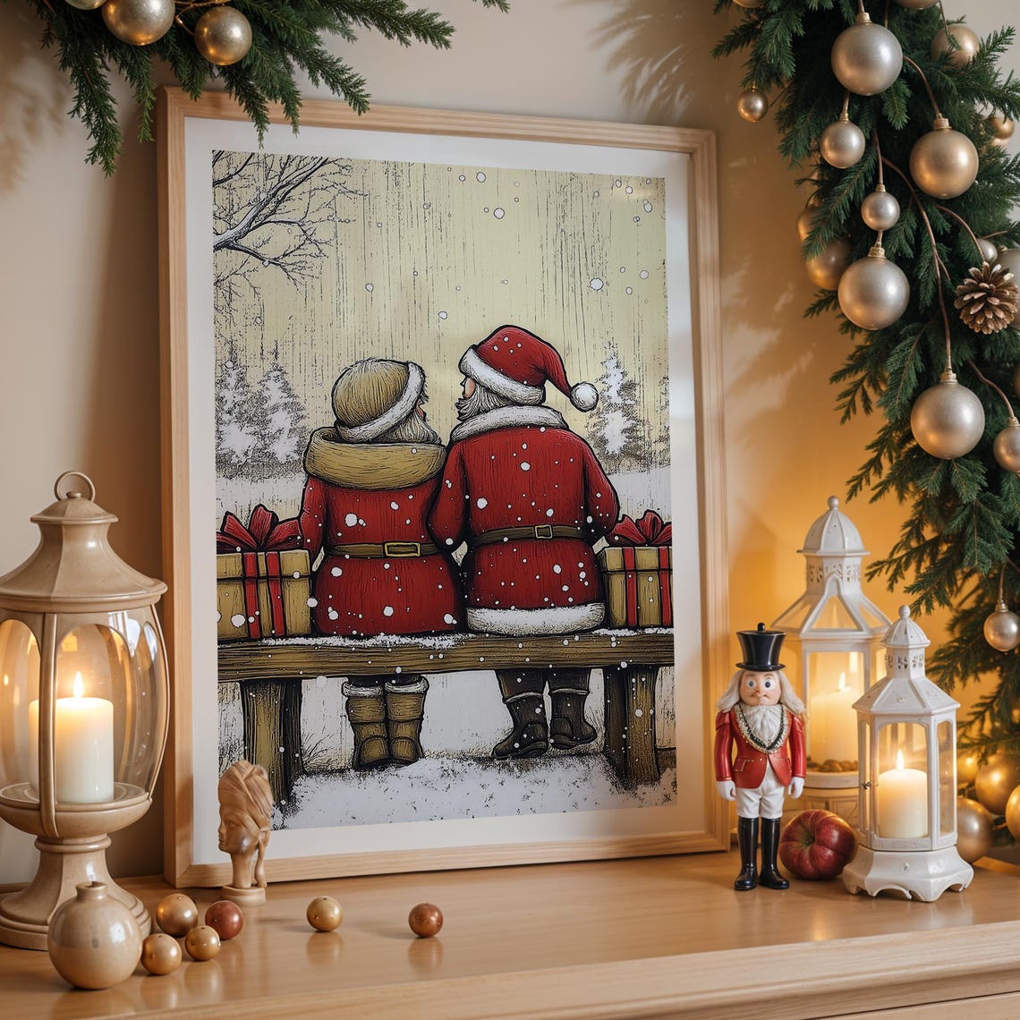Santa and Mrs Claus on Snowy Bench Romantic Vintage Christmas Wall Art - Image 2