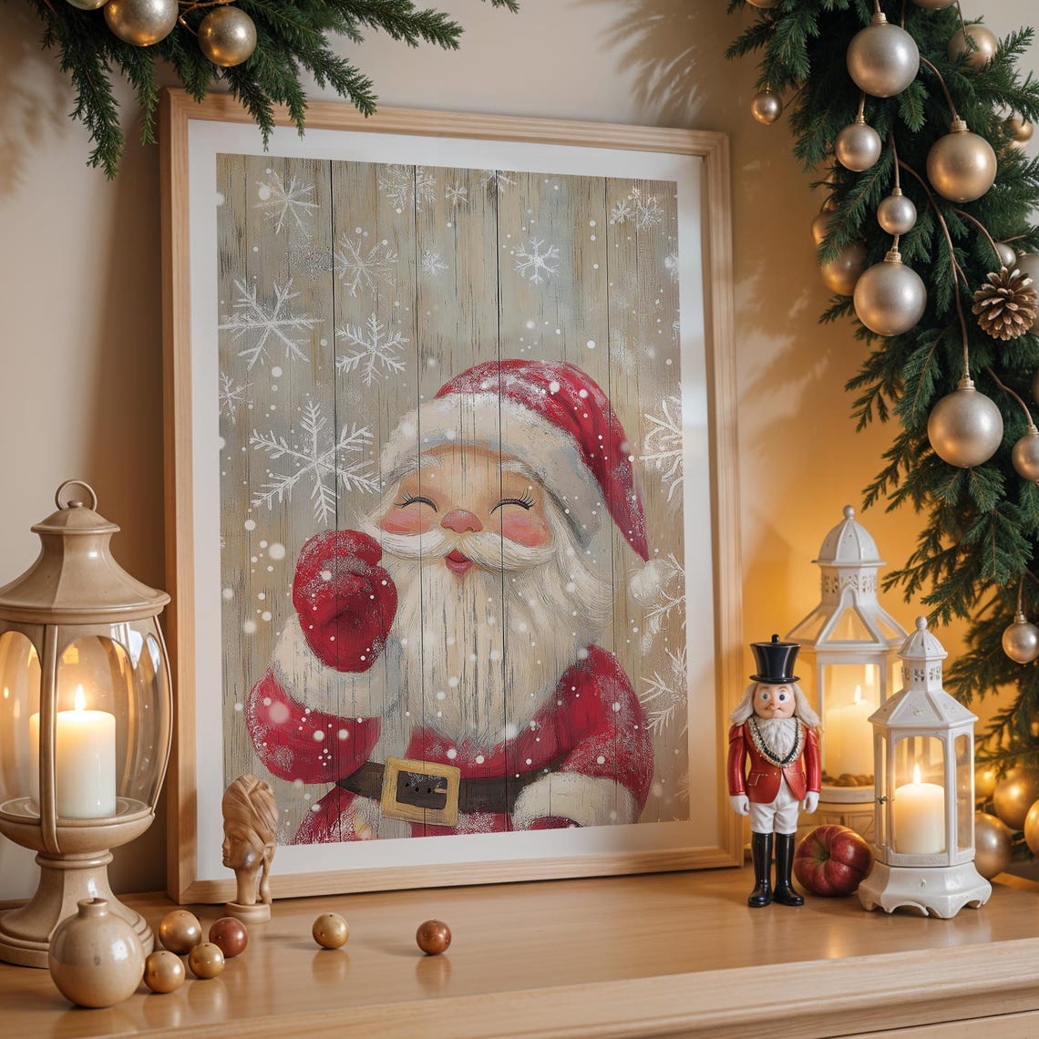 Cute Waving Santa Claus Rustic Wooden Plank Snowflake Nursery Wall Art - Image 4