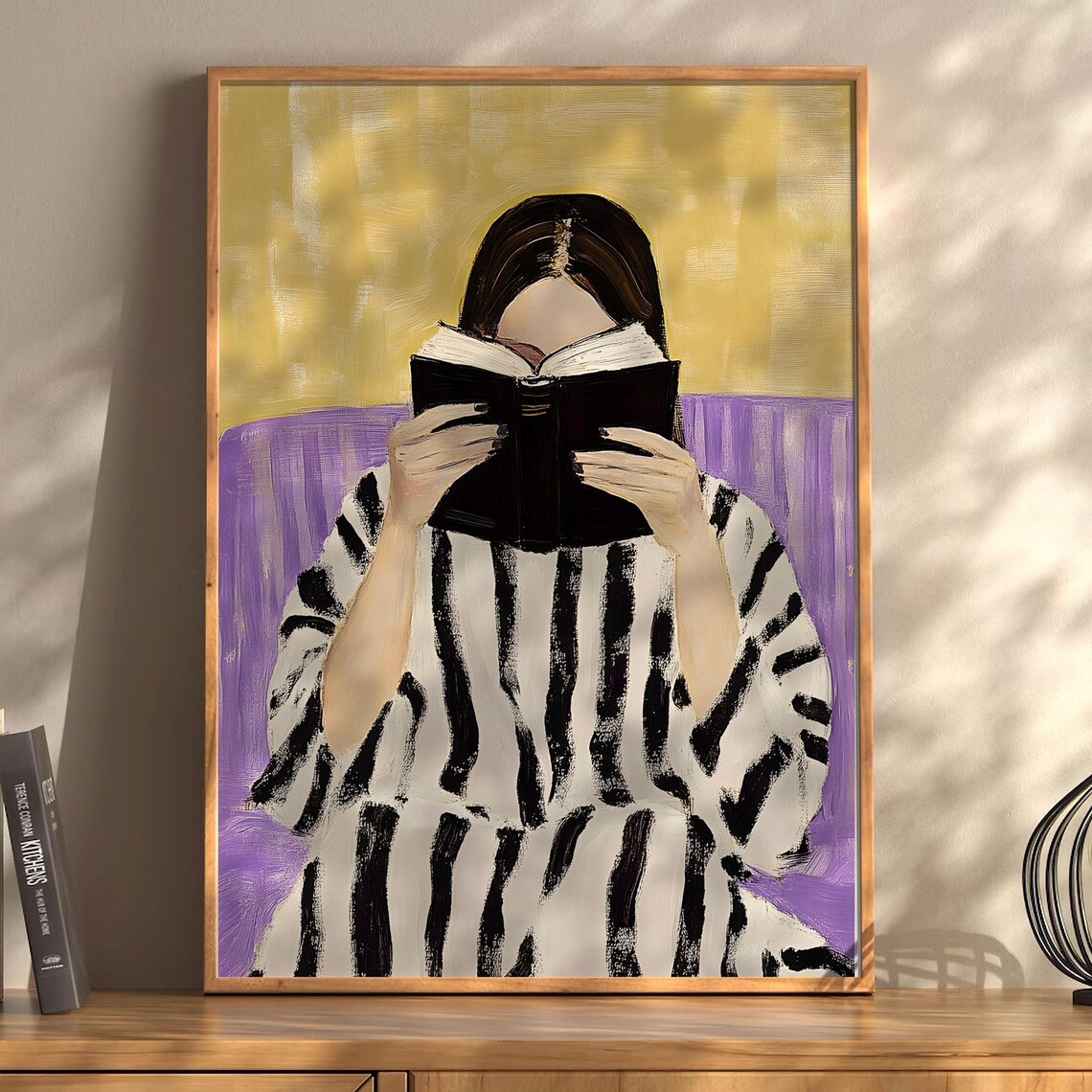 Woman Reading Book Striped Shirt Yellow Purple Painterly Poster