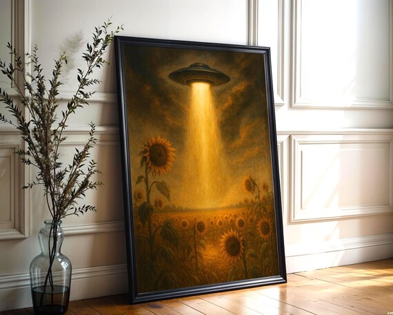 UFO Over Sunflower Field Moody Surreal Alien Abduction Art Print
