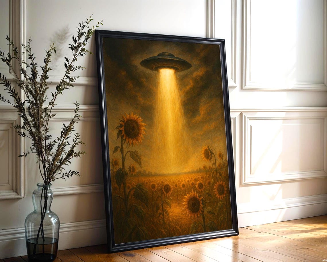 UFO Over Sunflower Field Moody Surreal Alien Abduction Art Print
