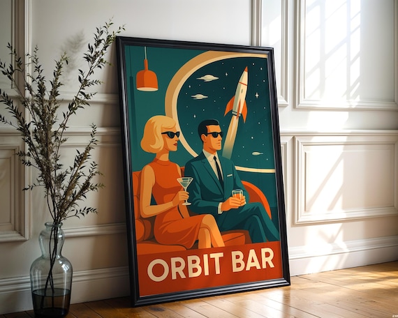 Orbit Bar Retro Space Age Couple Watching A Rocket Launch Poster