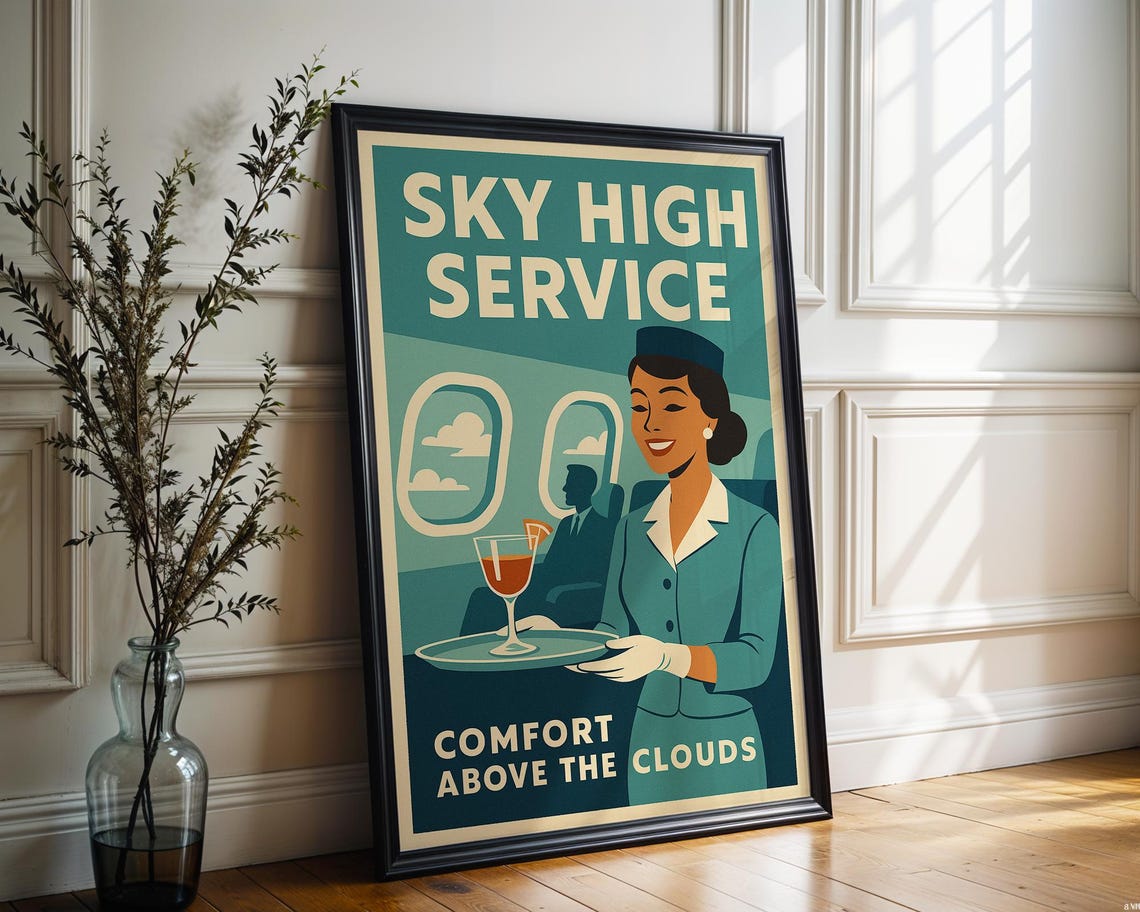 Sky High Service Retro Airline Poster Vintage Flight Attendant Art