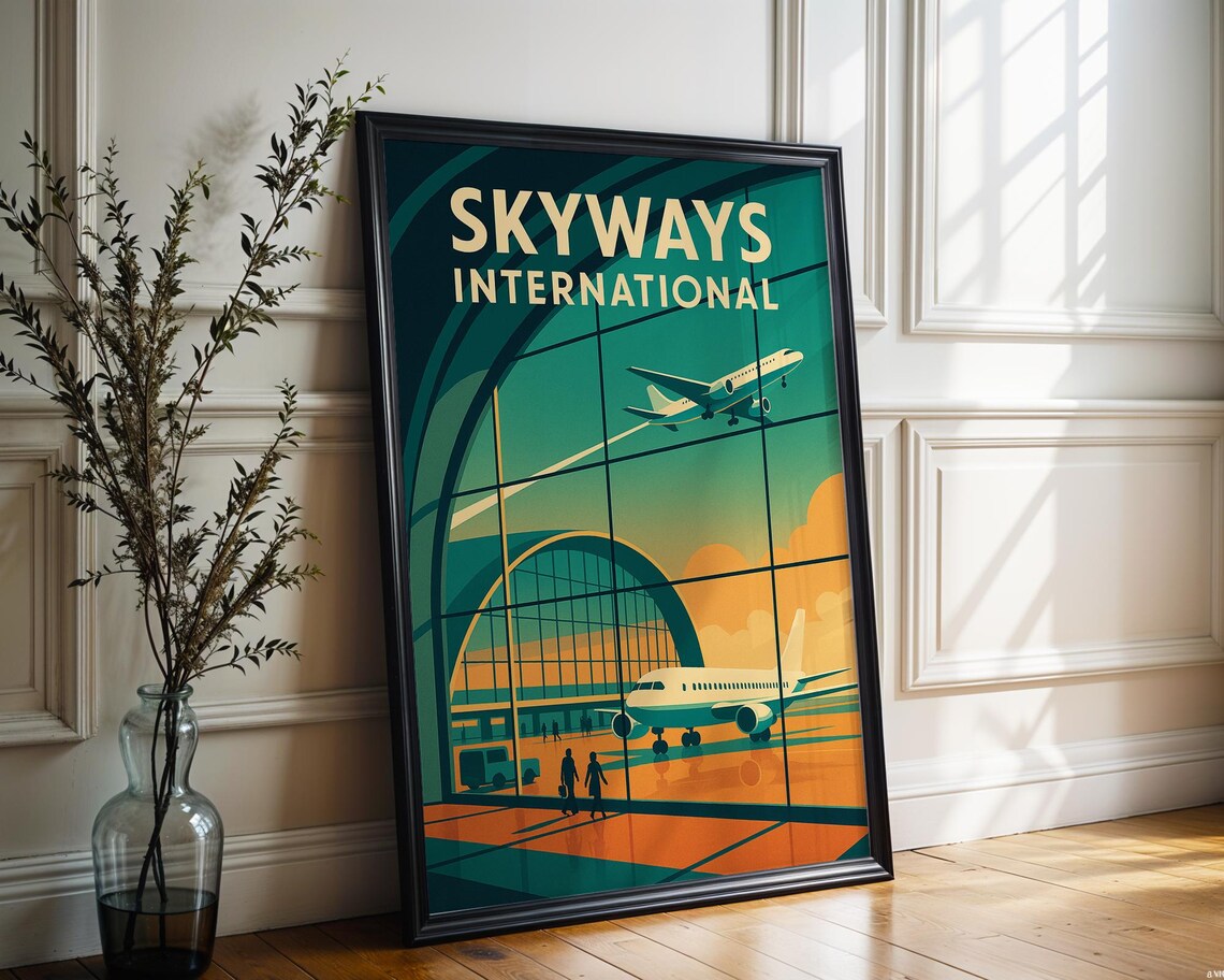 Skyways International Vintage Airport Jets Sunset Travel Poster
