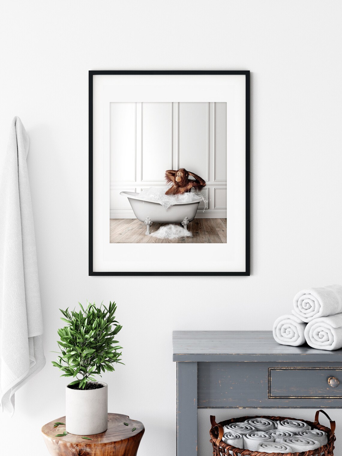 Cute Orangutan In Tub, Bathroom Art Print