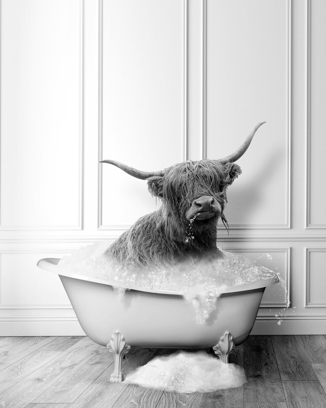 Highland Cow In Bathtub Black And White Funny Bathroom Print - Image 2