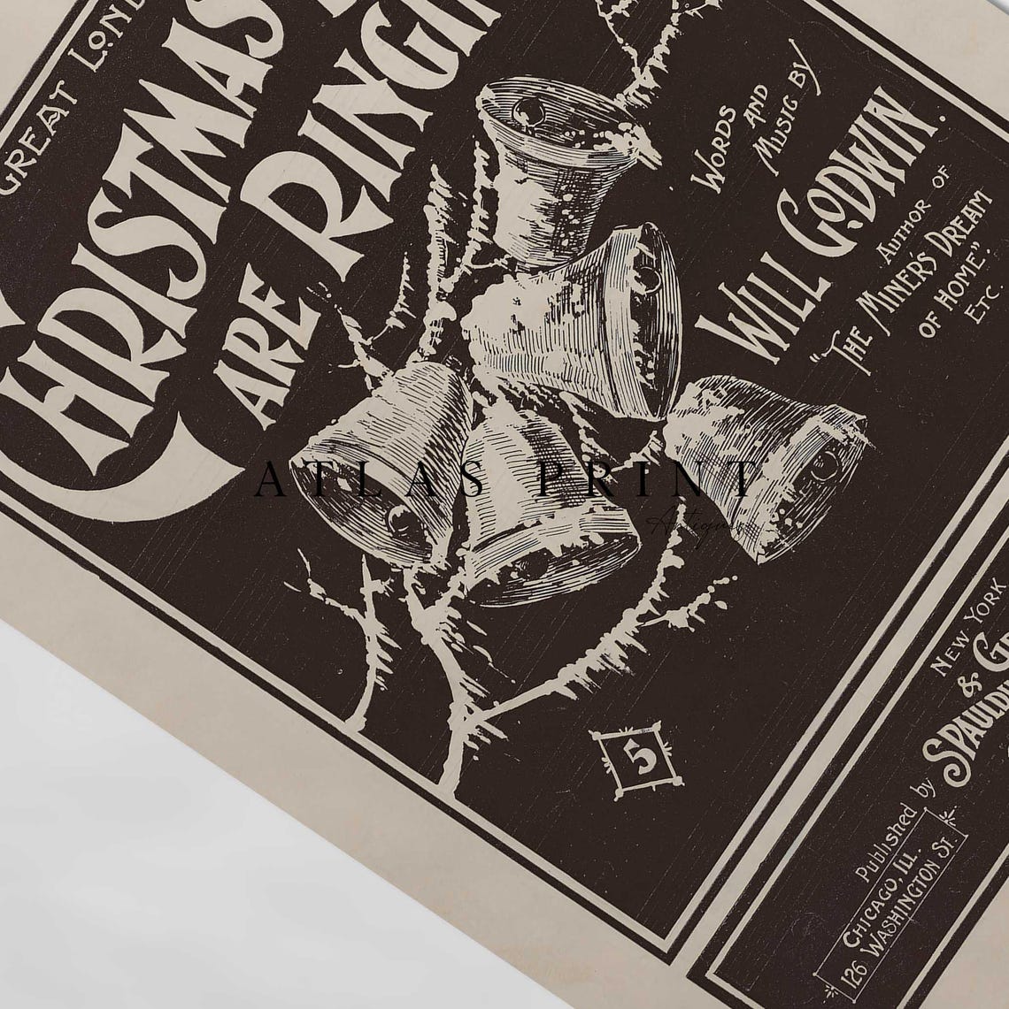 Christmas Bells Are Ringing Antique Sheet Music Cover Black Art Poster - Image 5