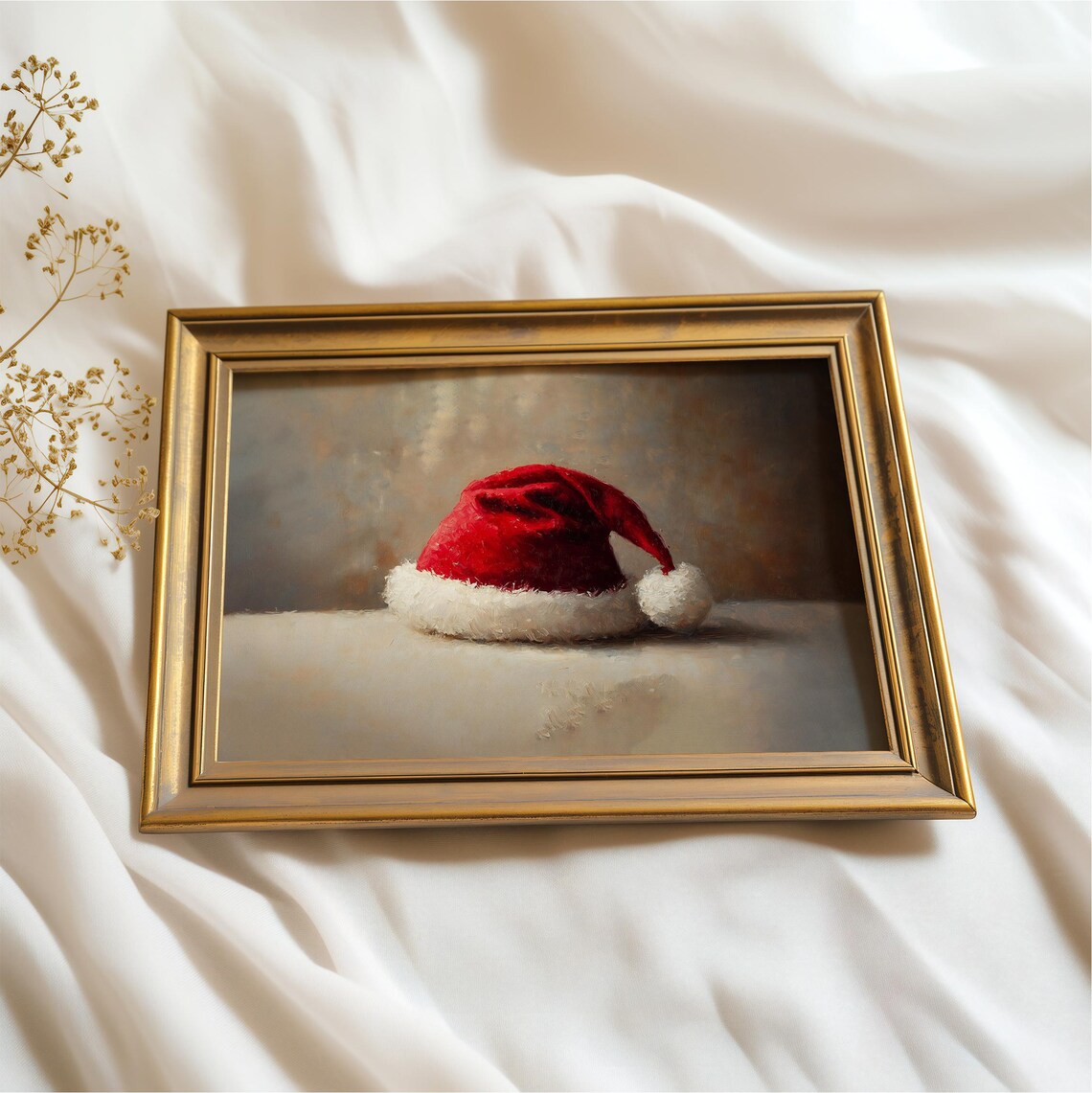 Red Santa Hat Oil Painting Neutral Vintage Christmas Wall Art Poster - Image 2