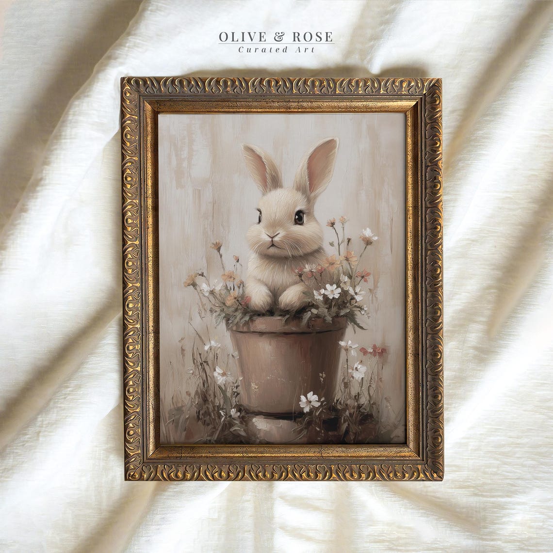 Neutral Bunny in Flower Pot Muted Beige Spring Botanical Wall Art