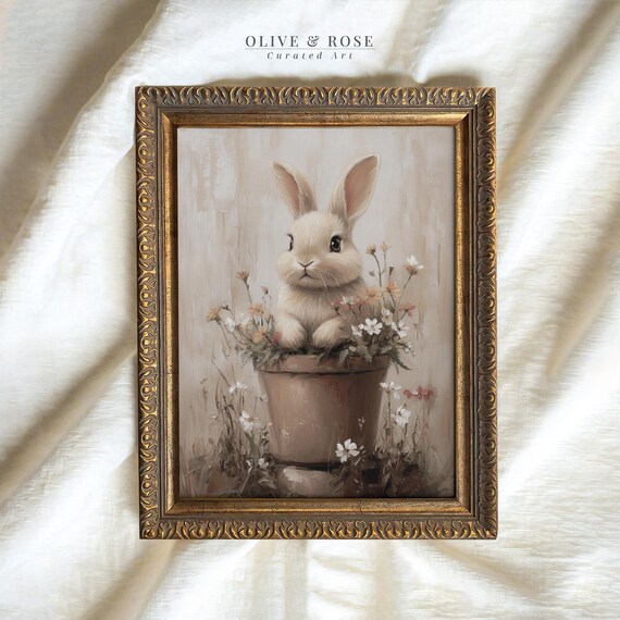 Neutral Bunny in Flower Pot Muted Beige Spring Botanical Wall Art