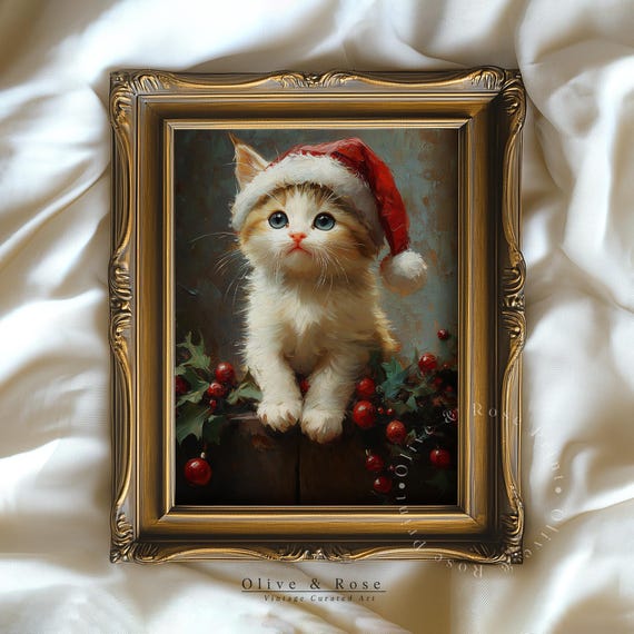 Cute Kitten In Santa Hat Painting Christmas Print Vintage Baby Cat Oil Painting Xmas Wall Decor Nursery Wall Art Prints
