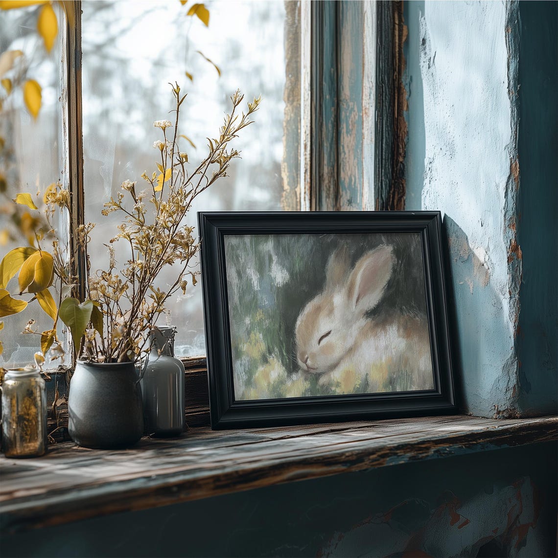 Vintage Easter Bunny In Wild Flower Meadow Print Cute Sleepy Rabbit Painting Wall Art Pastel Bunny Spring Decor Prints - Image 4