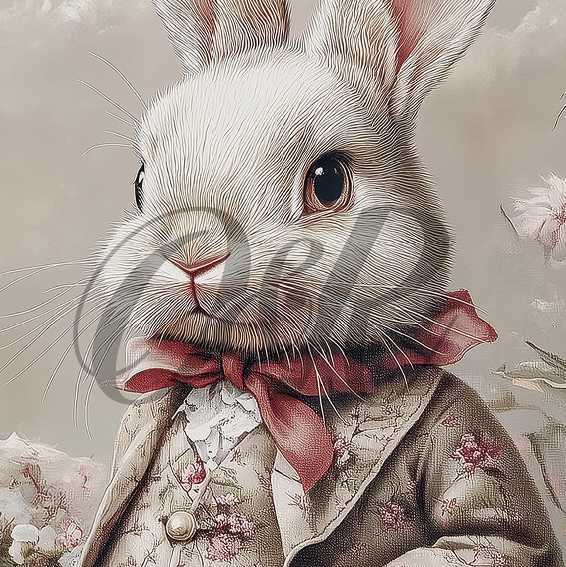 Bunny in Floral Jacket Red Bow Tie Rose Garden Vintage Nursery Wall Art - Image 5