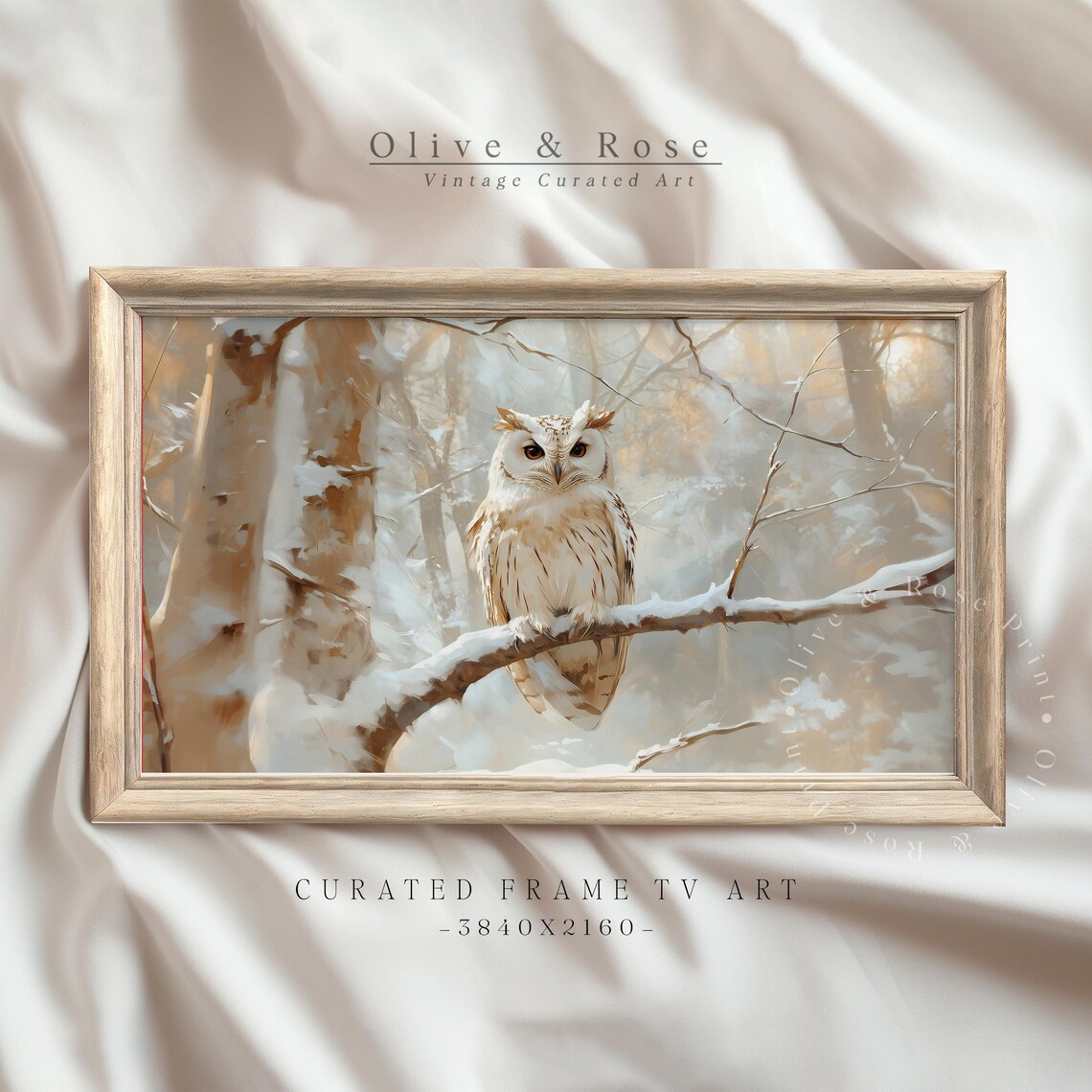 White Owl Perched On Snowy Branch Winter Forest Vintage Oil Painting Poster