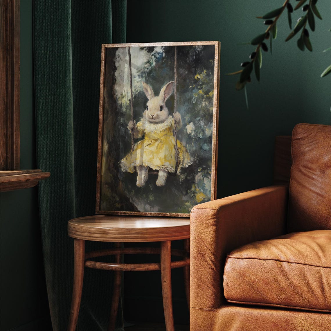 Vintage Easter Bunny On A Swing Print Cute Spring Rabbit Painting Wall Art Bunny In Yellow Dress Prints Easter Decor - Image 2