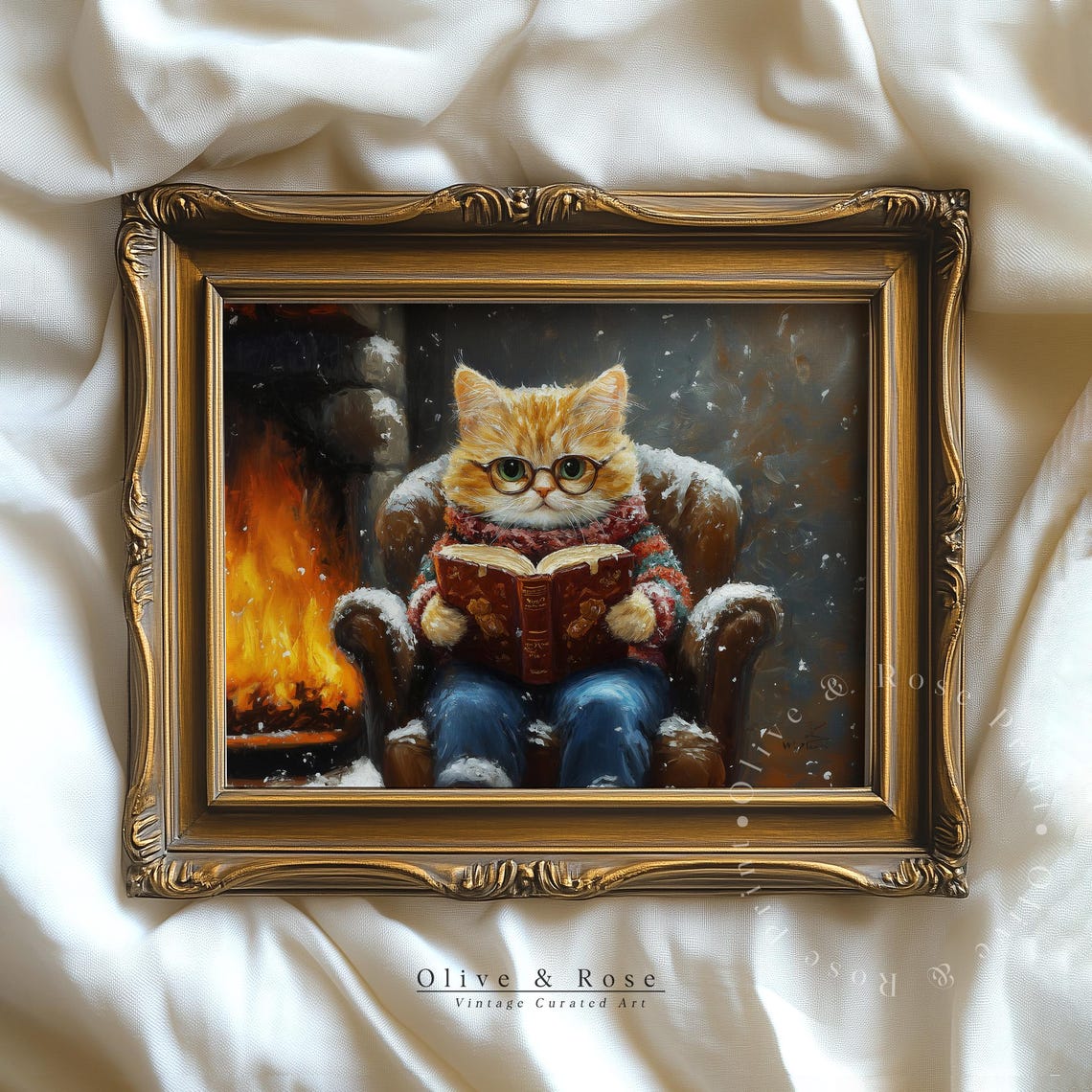 Funny Kitten Reading Book Christmas Wall Decor Cute Cat Painting Print Vintage Xmas Nursery Art Prints