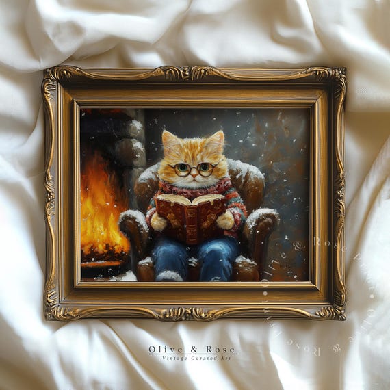 Funny Kitten Reading Book Christmas Wall Decor Cute Cat Painting Print Vintage Xmas Nursery Art Prints