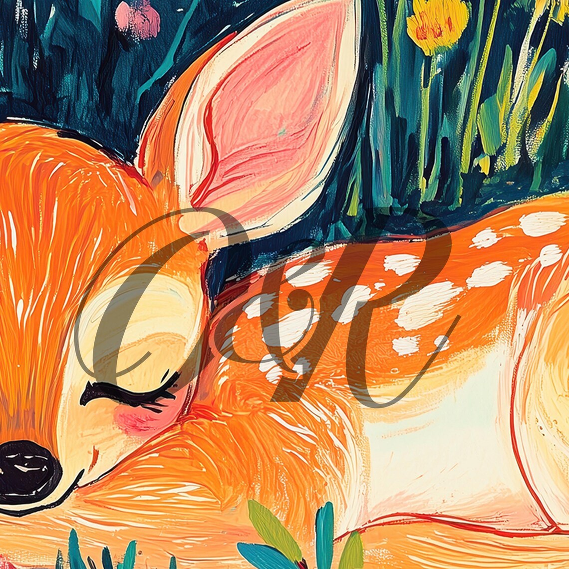 Sleeping Fawn in Wildflower Meadow Vibrant Woodland Nursery Wall Art - Image 5