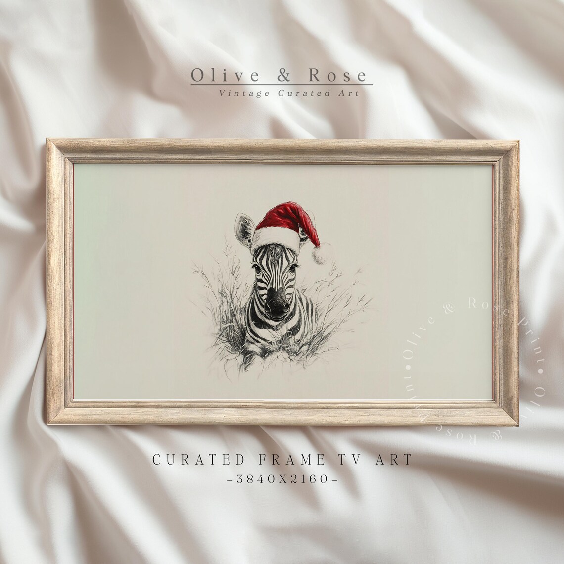 Cute Baby Zebra In Santa Hat Sketch Neutral Christmas Nursery Poster