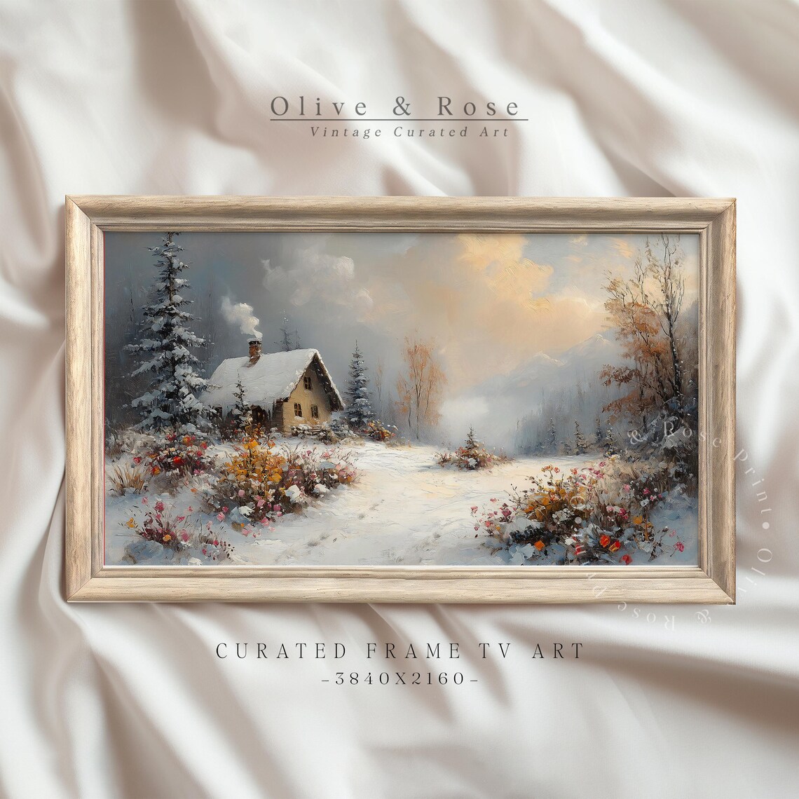 Snowy Cottage Wildflower Meadow Winter Landscape Frame TV Art Poster