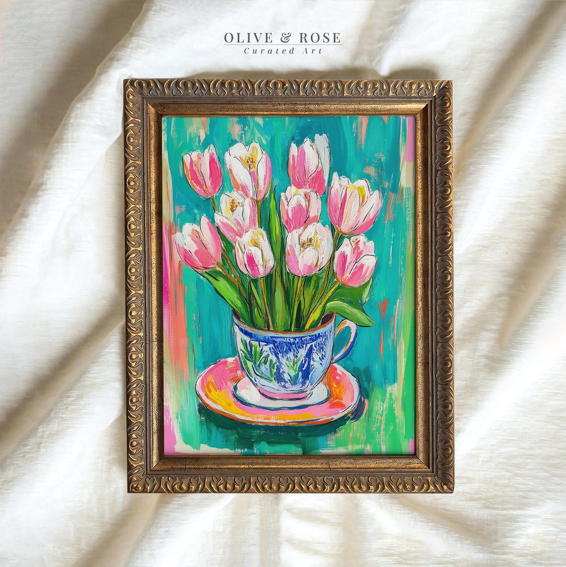 Pink Tulips In Teacup Colorful Expressionist Oil Floral Spring Poster