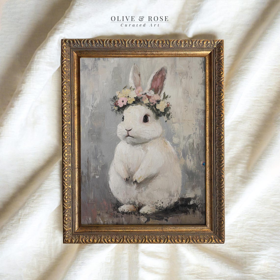 Vintage Cute Easter Bunny Print Floral White Rabbit Painting Wall Art Spring Botanical Nursery Decor Flower Prints