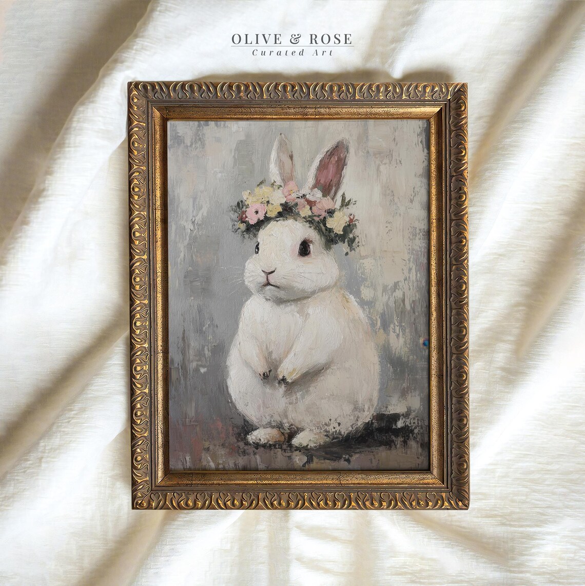 White Bunny Floral Crown Muted Grey Vintage Botanical Nursery Wall Art