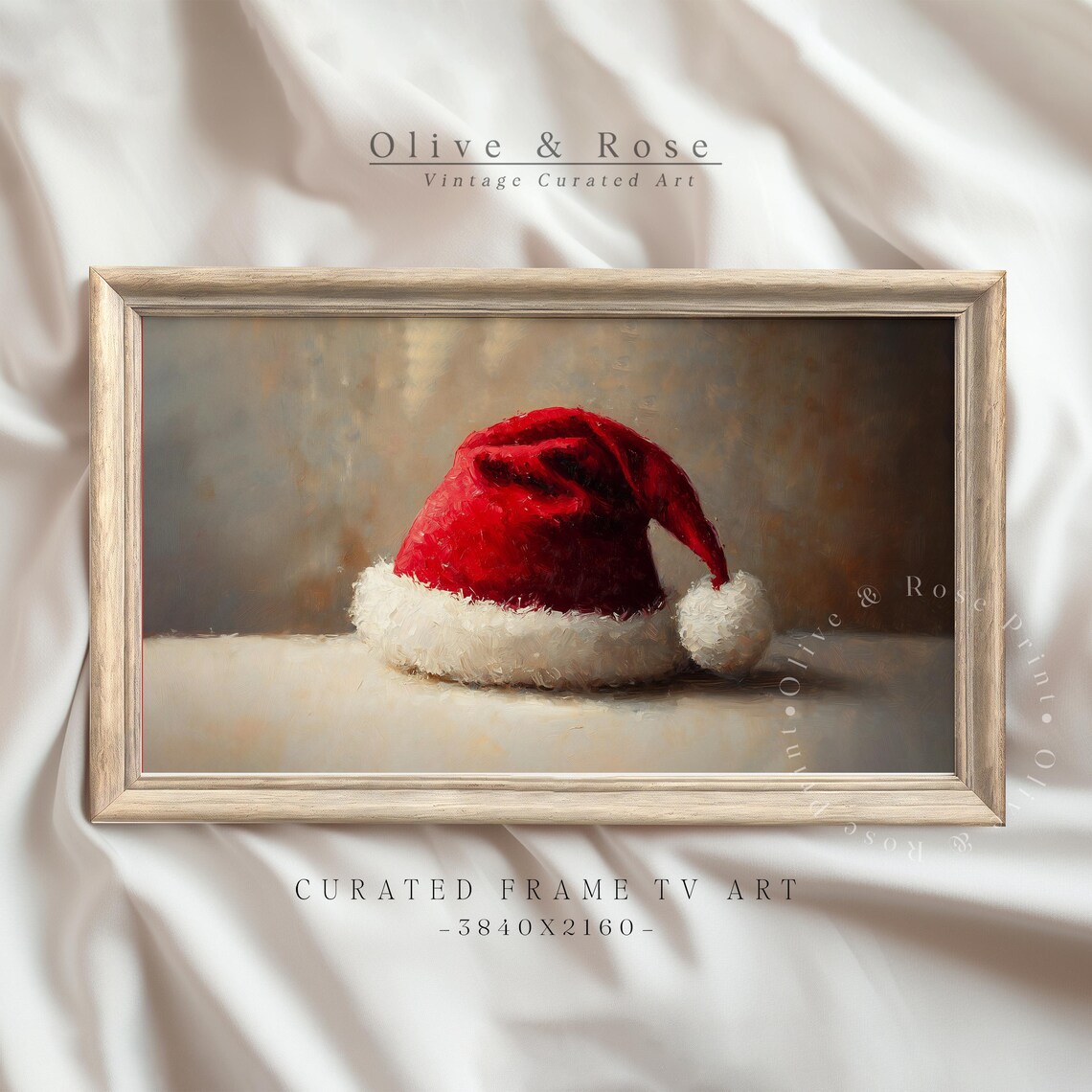 Red Santa Hat Still Life Oil Painting Vintage Christmas Art Wall Art