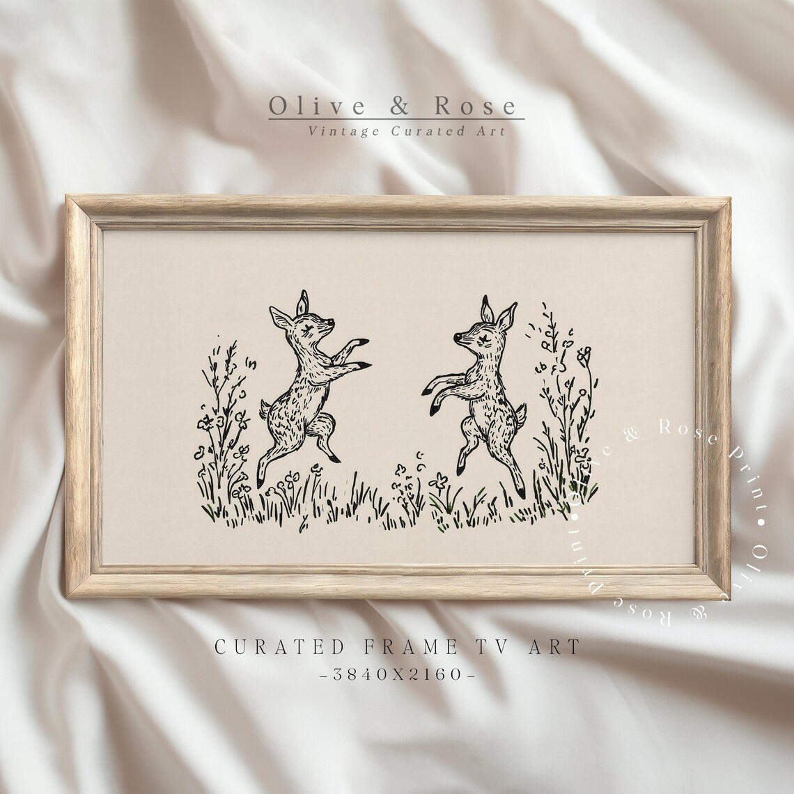 Two Dancing Deer Black Ink Line Drawing Wildflowers Vintage Nursery Poster