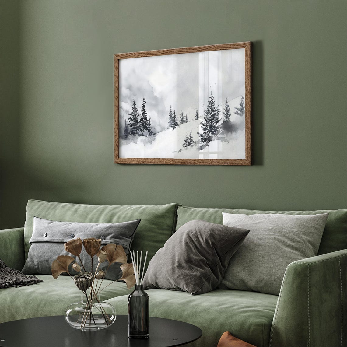 Monochrome Misty Pine Forest Snowy Hillside Watercolor TV Art Poster - Image 3