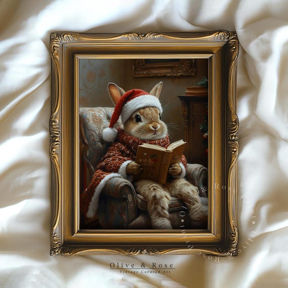 Funny Baby Deer With Santa Hat Print Christmas Wall Art Cute Deer Oil Painting Print Vintage Winter Wall Decor
