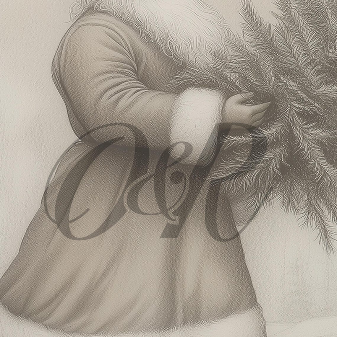 Neutral Santa Carrying Christmas Tree Snowy Sketch Vintage Art Poster - Image 5
