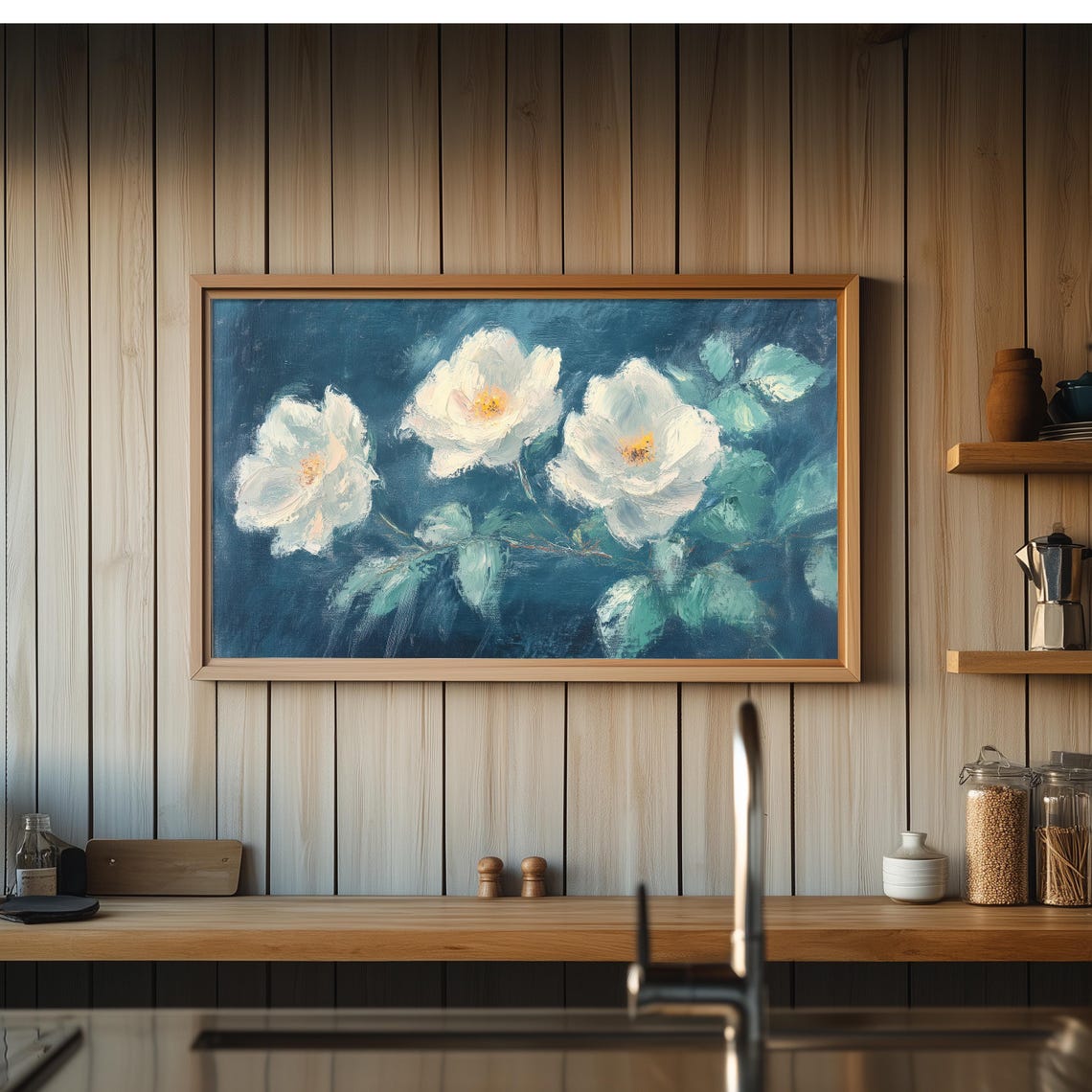 White Roses Golden Centers Teal Background Moody Vintage Oil Print - Image 4