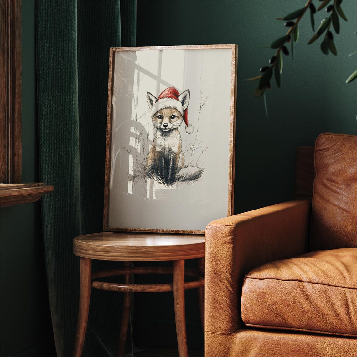 Cute Baby Fox With Santa Hat Sketch Neutral Christmas Nursery Wall Decor Vintage Winter Wall Art Fox Drawing Prints - Image 2