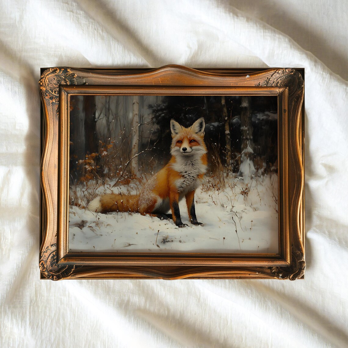 Majestic Red Fox In Snow Vintage Wildlife Oil Painting Rustic Winter Wall Art - Image 4